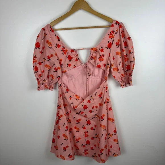 NWT Showpo Rosini Mini‎ Dress Size 6 Pink Floral Puff Sleeve Sweetheart A-Line - Picture 6 of 14